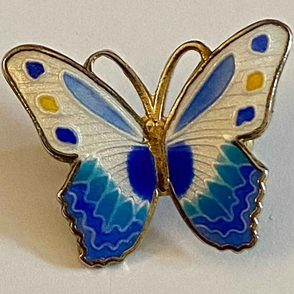 Vintage Set of 2 Butterfly Brooch Gold Metal & Enameled Mother-Of-Pearl